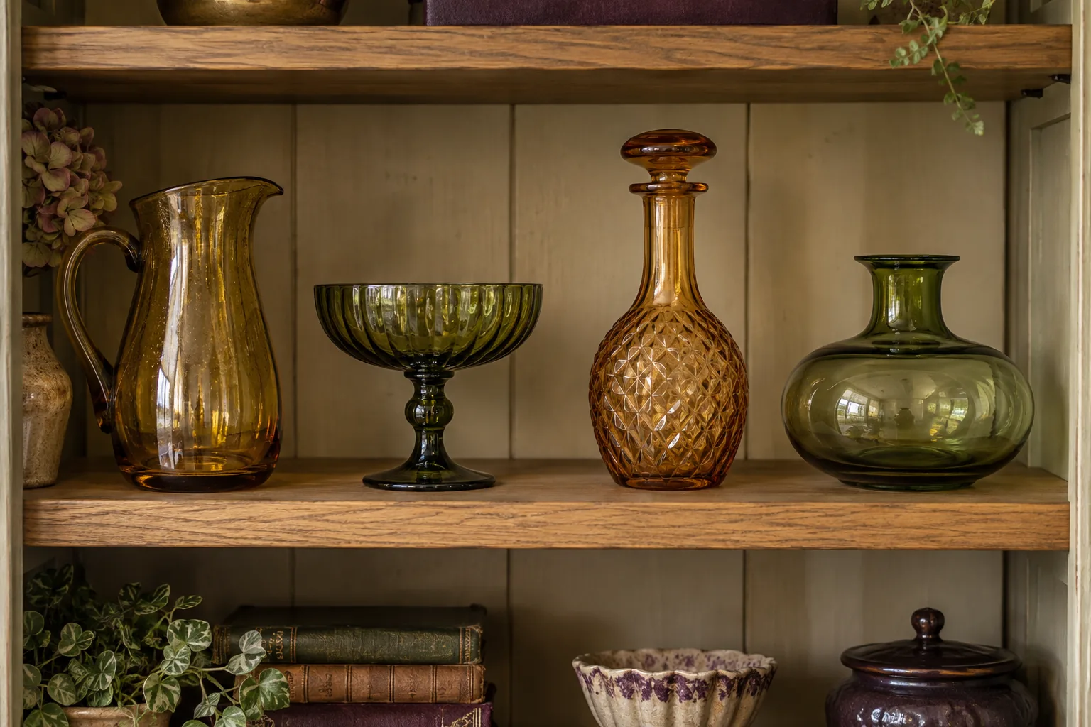 Straight-on view of a thick stable oak shelf inside a well-made cabinet carrying four different vintage glass vessels spaced safely apart, no overhang, transparent amber and green forms with soft reflections