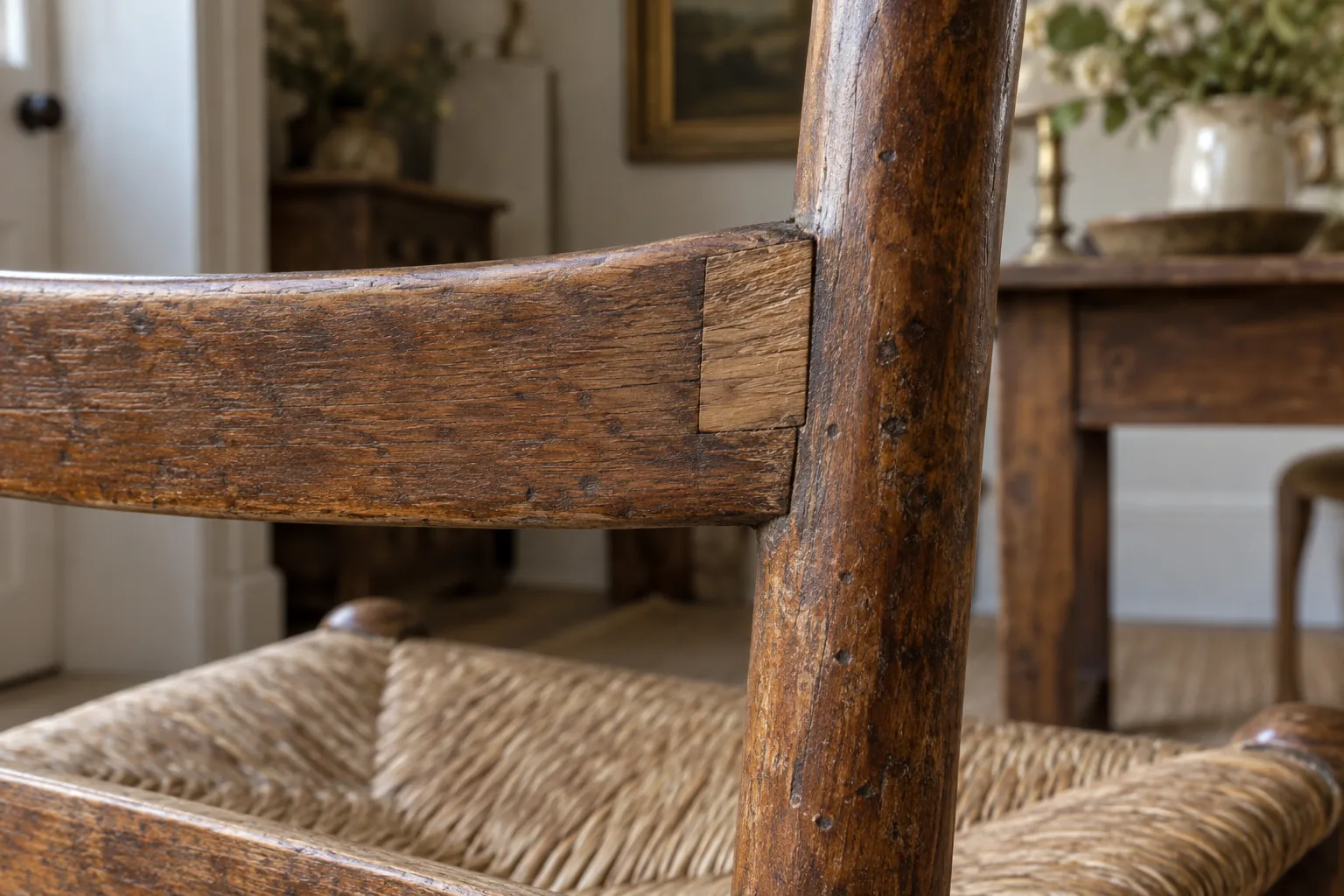 Close view of an old timber repair at a wooden chair joint.