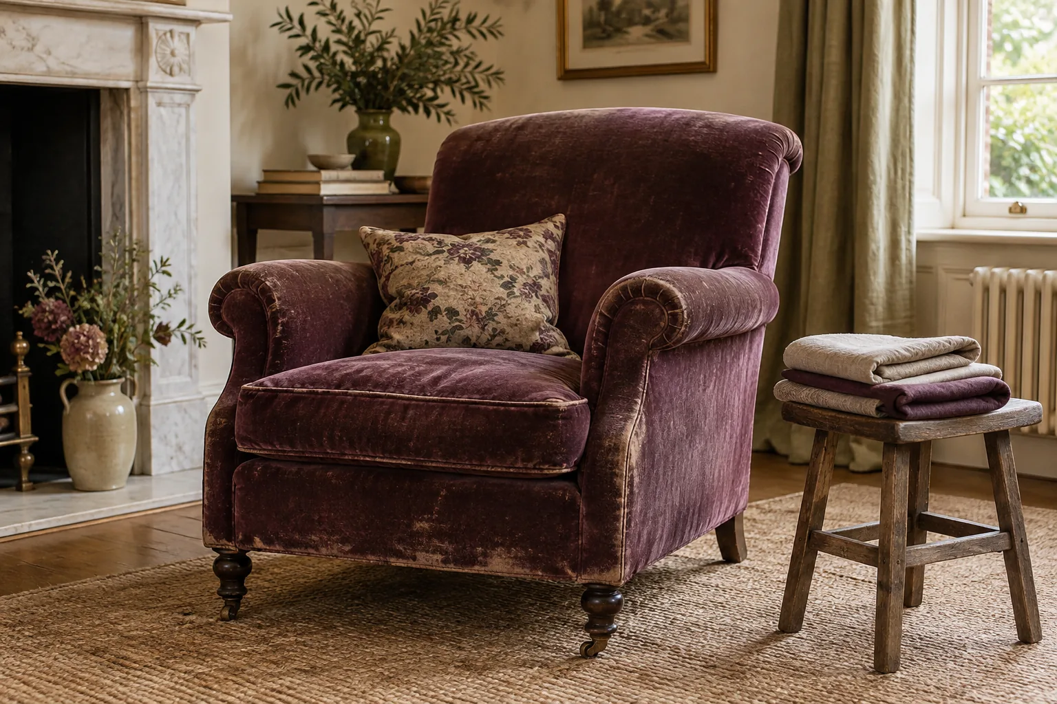 An old plum upholstered armchair shown three-quarter in an uncluttered room, gently worn fabric and piping clearly visible, separate folded neutral fabric sample on stool beside it, no cleaning products or tools