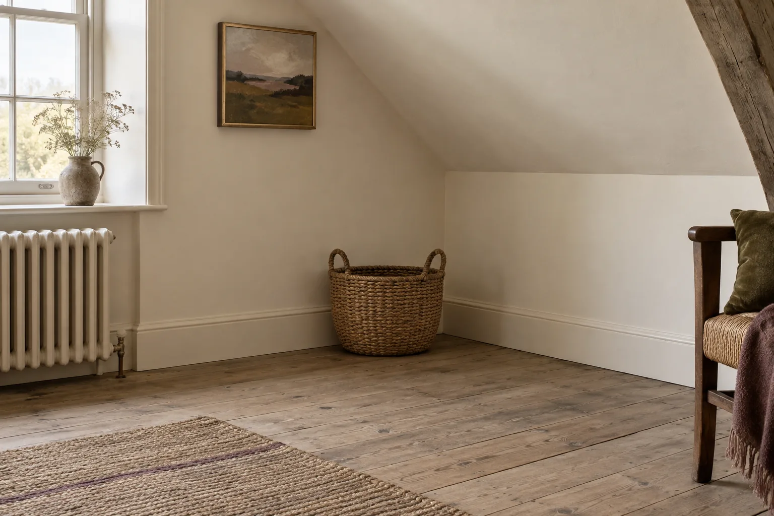 An uncluttered sloping corner with a small picture and woven basket.