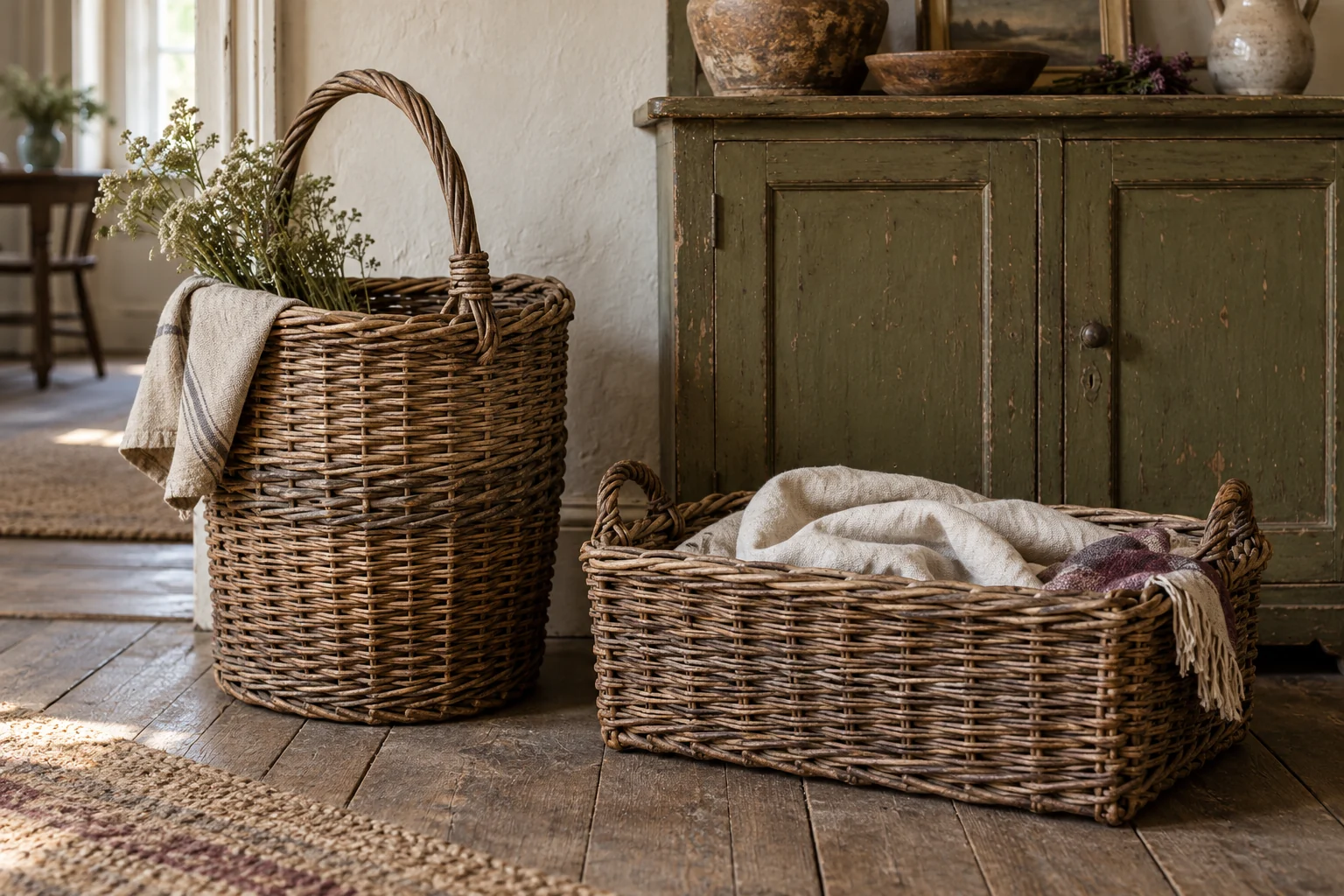 Illustrative woven baskets beside an old cupboard