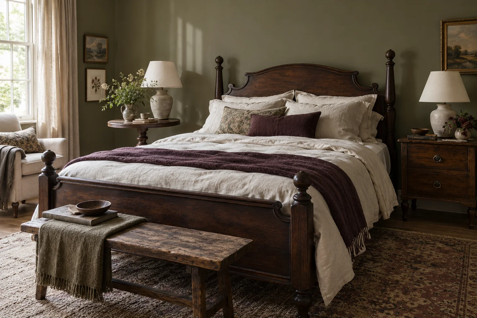 Illustrative bedroom with an older bedframe and different bedside tables