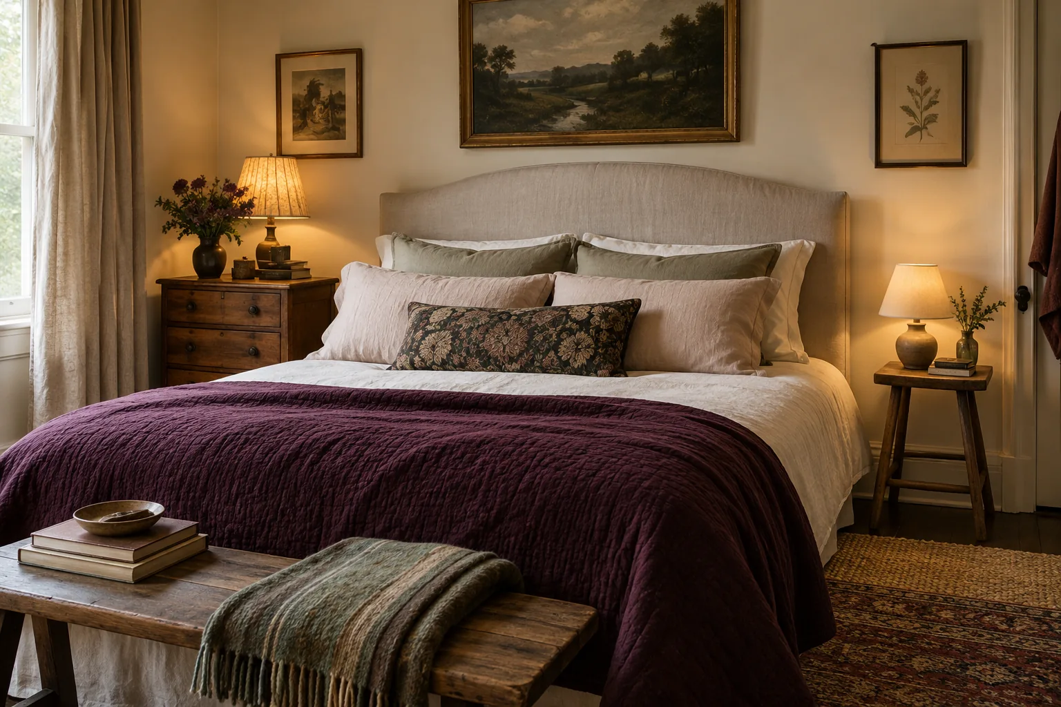 Wide bedroom vignette showing BOTH sides of a linen-covered bed: a tiny walnut chest on one side and a simple oak stool on the other, each with a useful small lamp, plum blanket, deliberately mismatched