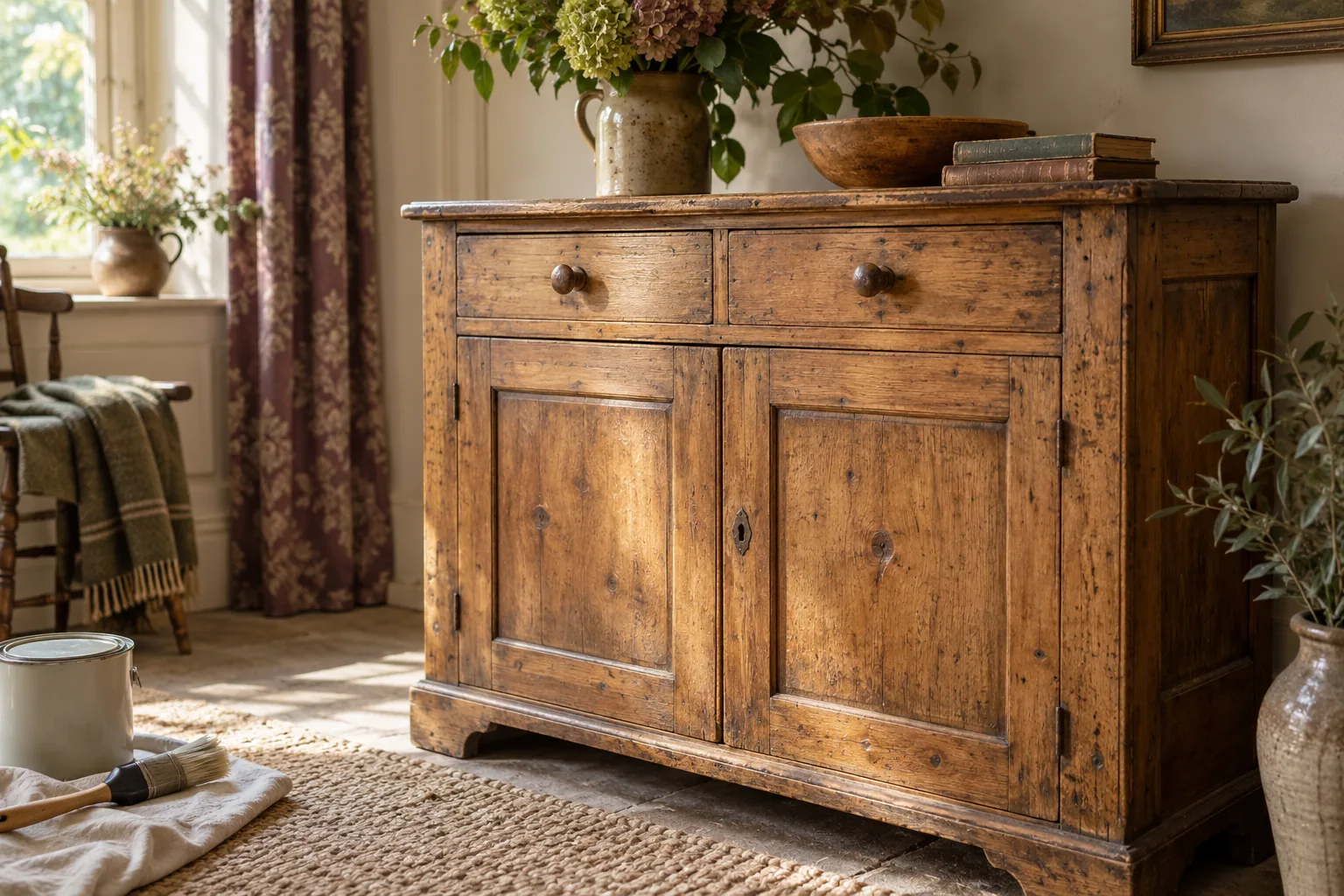 An unpainted pine cabinet with an unused paint tin and brush set aside.