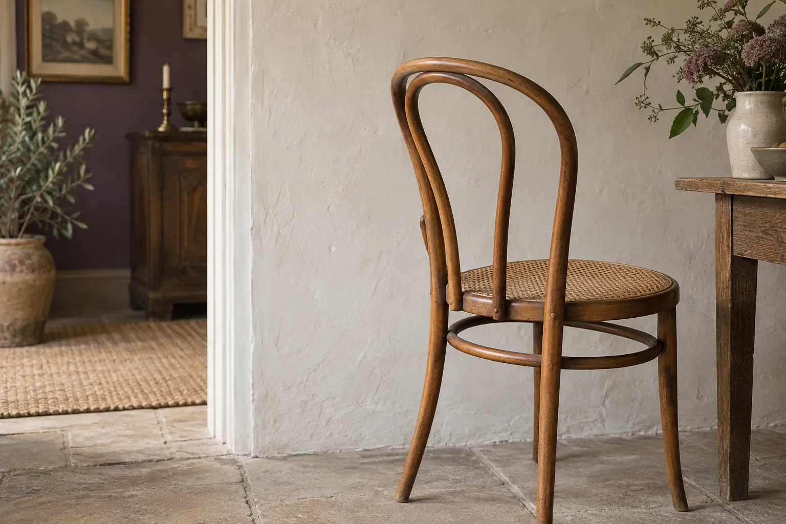 A curved bentwood chair with a woven seat beside a pale plaster wall.