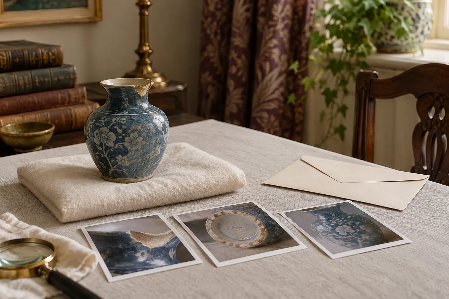 A conservator enquiry visual without people: a small chipped blue ceramic vase on padded neutral table, three distinct printed detail photographs beside it and a closed plain envelope, careful documentation scene