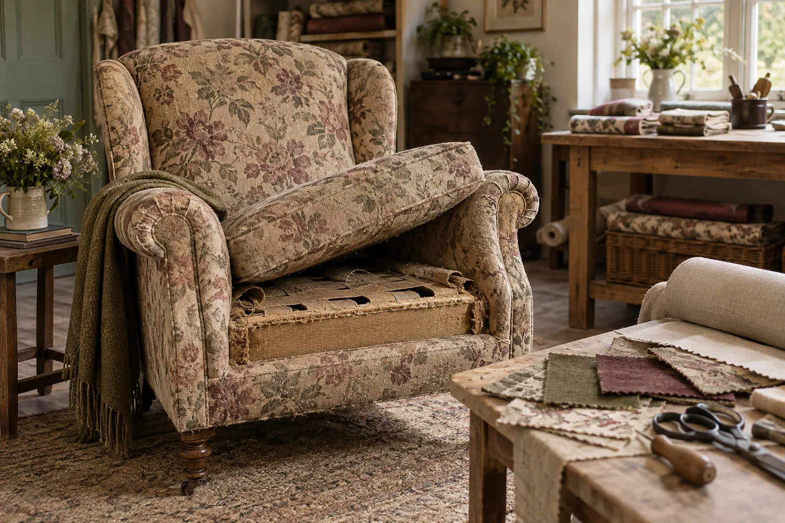 A faded armchair with its cushion lifted to reveal worn seat support.