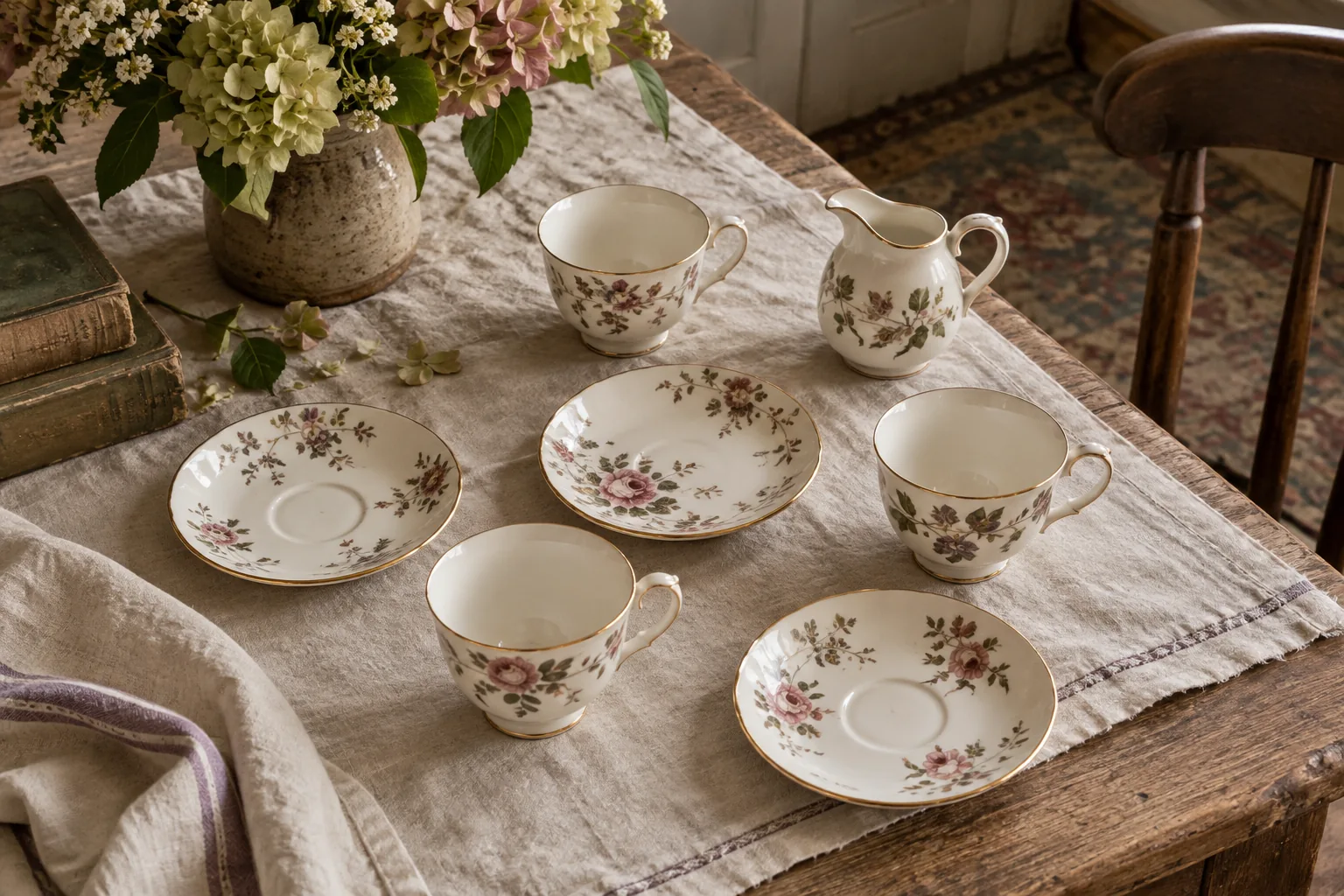 Floral cups, saucers and a milk jug arranged as an incomplete tea set.