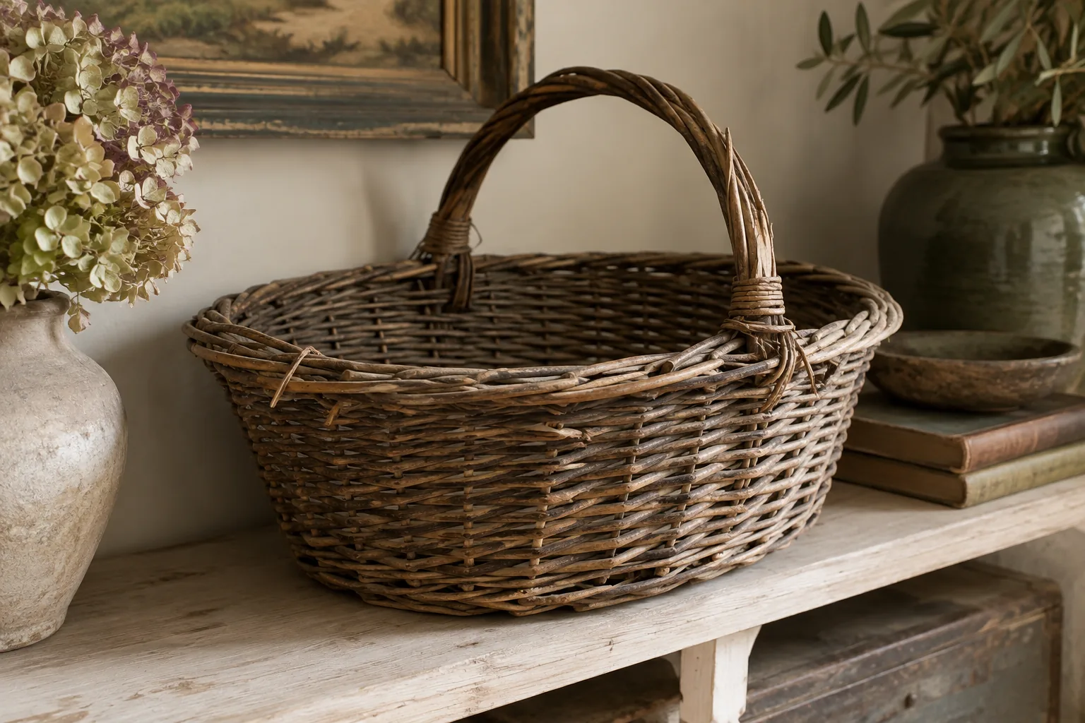 Old willow basket displayed empty with wear visible around its handle.