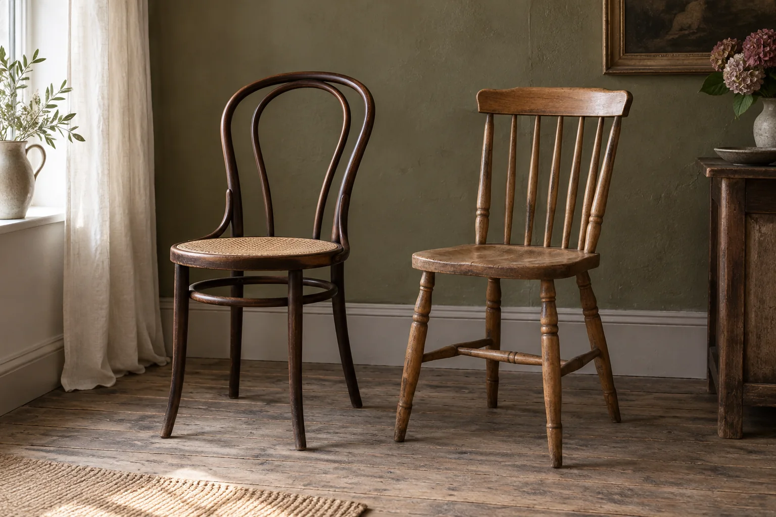Illustrative pair of wooden dining chairs with contrasting shapes