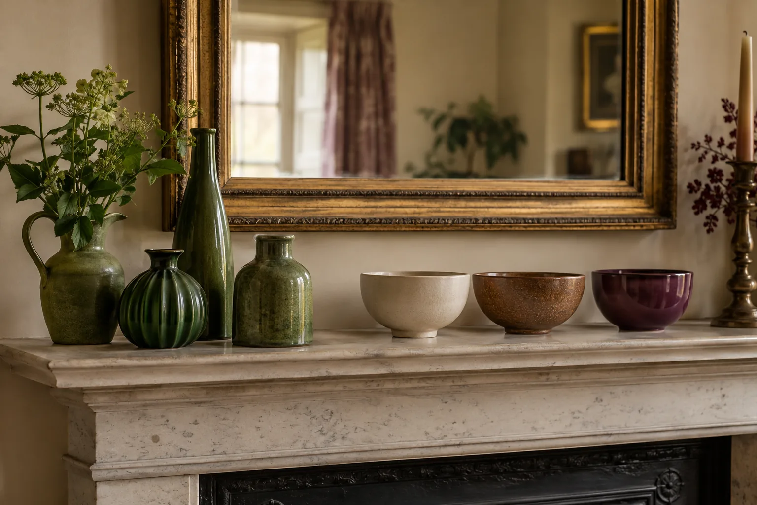 Carefully spaced mantel collection of small green vessels in differing shapes beside a separate trio of round bowls in cream brown and plum; visual colour-versus-form comparison without labels