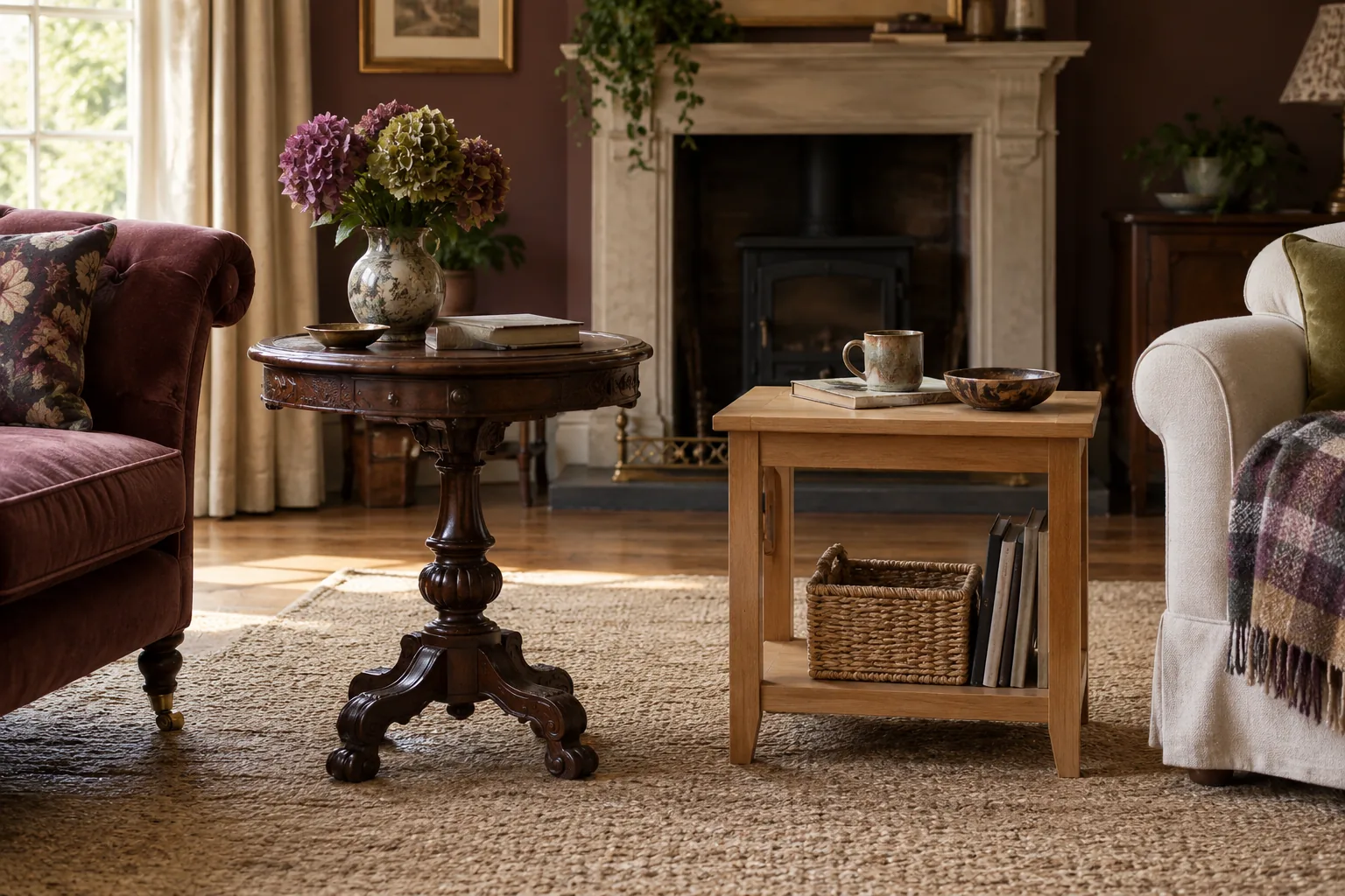 Two very different useful side tables facing viewer in same room: ornate dark walnut occasional table and simple square light oak table, clear size and storage differences, equal visual weight