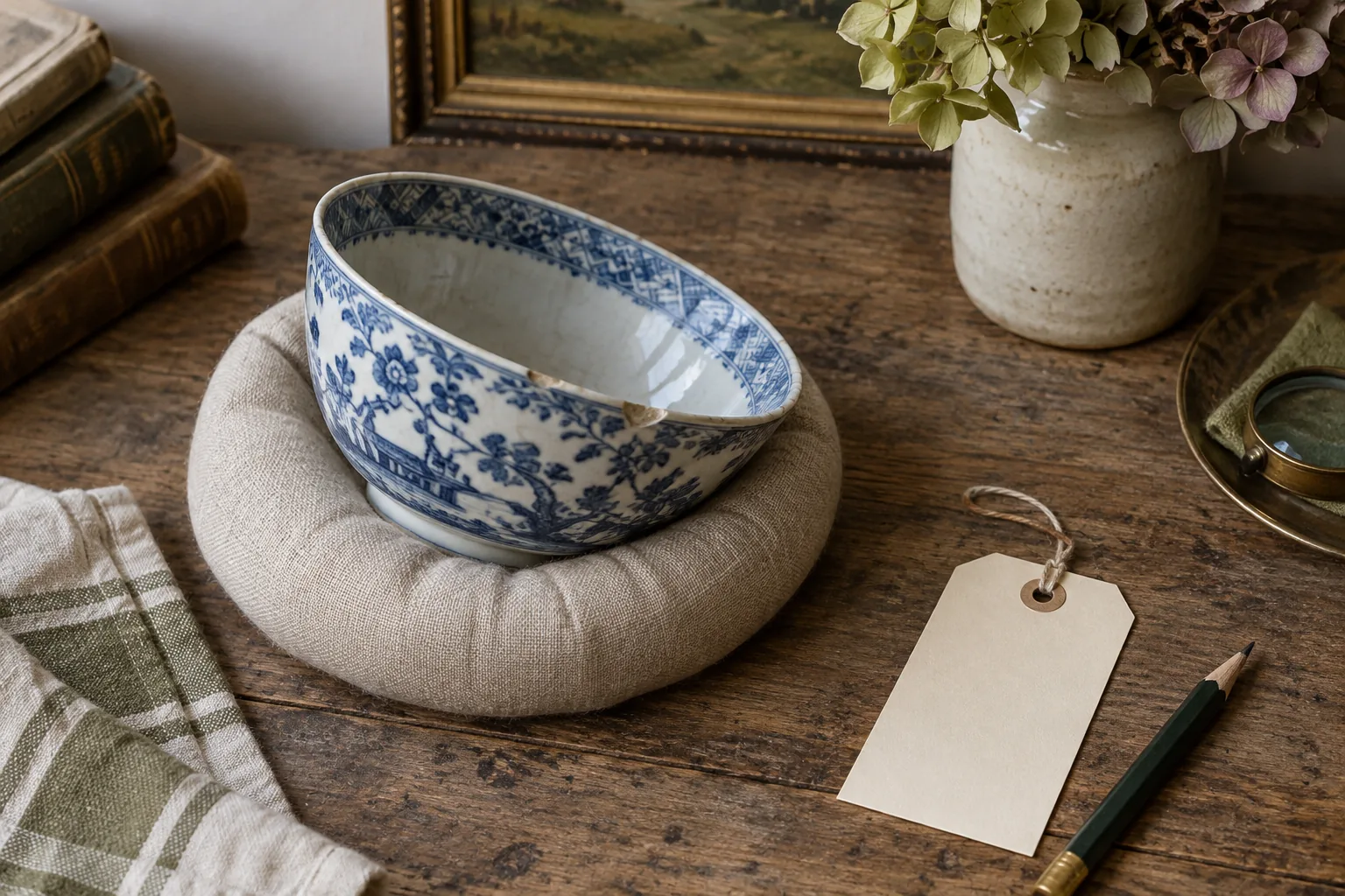 Ceramic bowl with a small rim chip beside a blank condition card.
