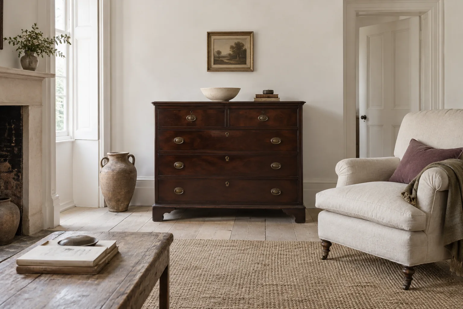 Dark mahogany chest balanced by pale walls and linen upholstery.