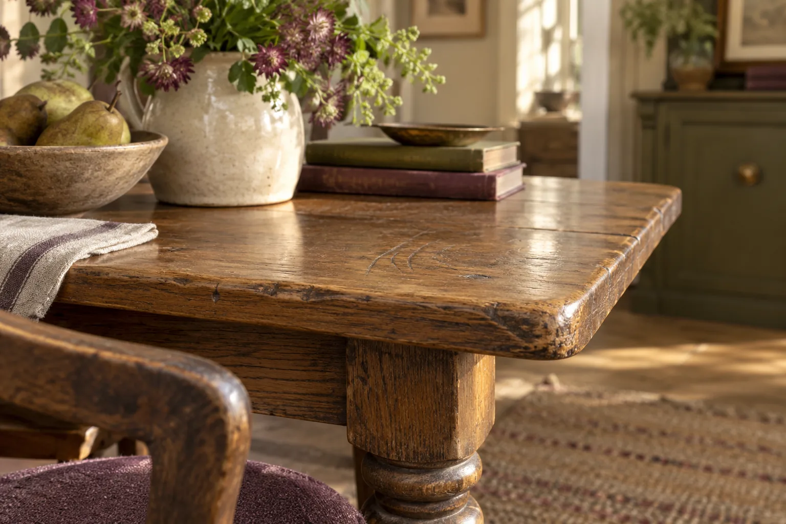 A worn oak tabletop showing scratches and a smoothly rubbed edge.