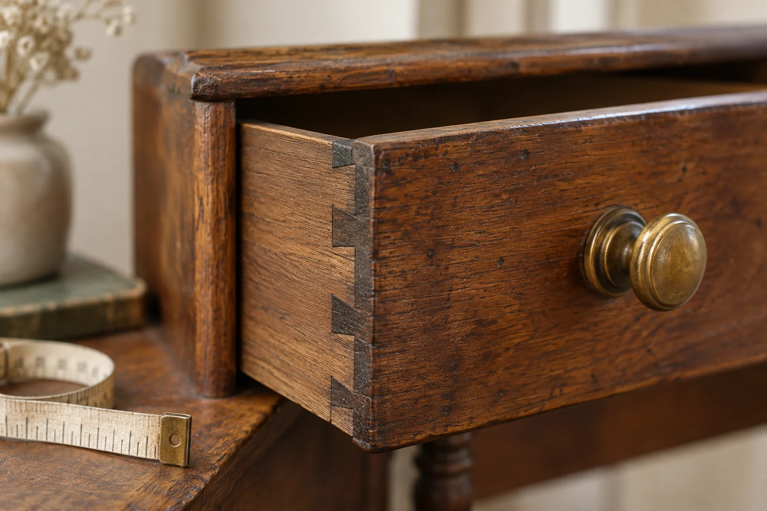 Illustrative close view of old wood joinery, a drawer and a brass fitting