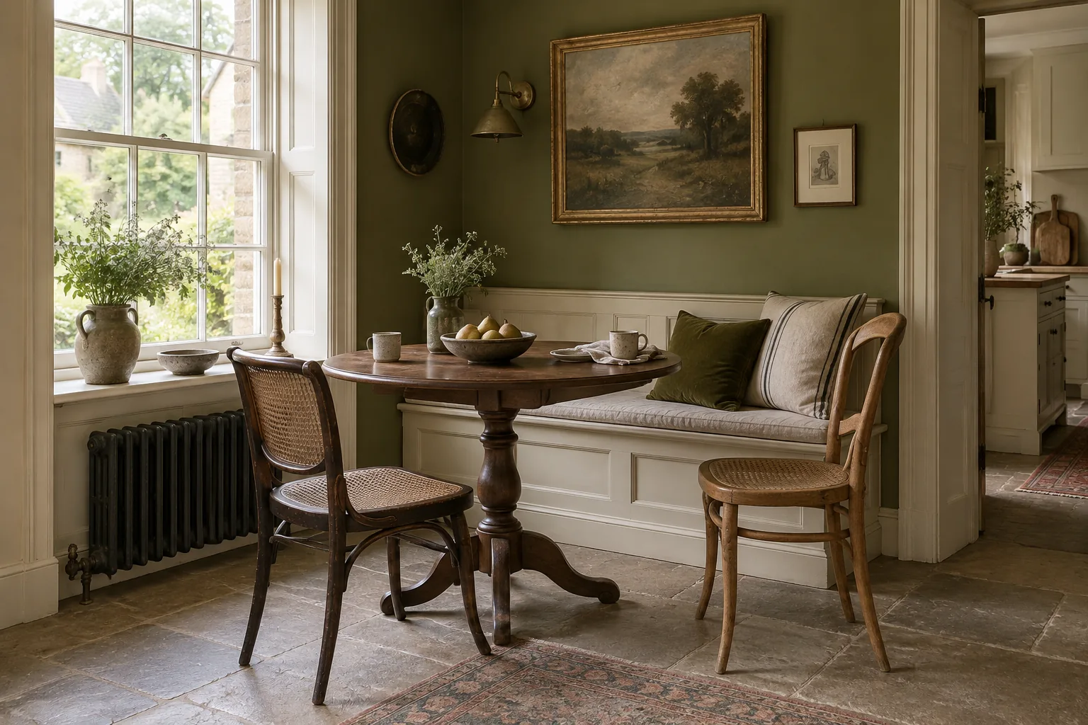 Small round table and mixed chairs in a bright dining nook.