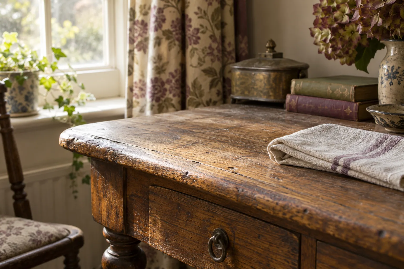 A folded dry cloth resting on an old wooden table.
