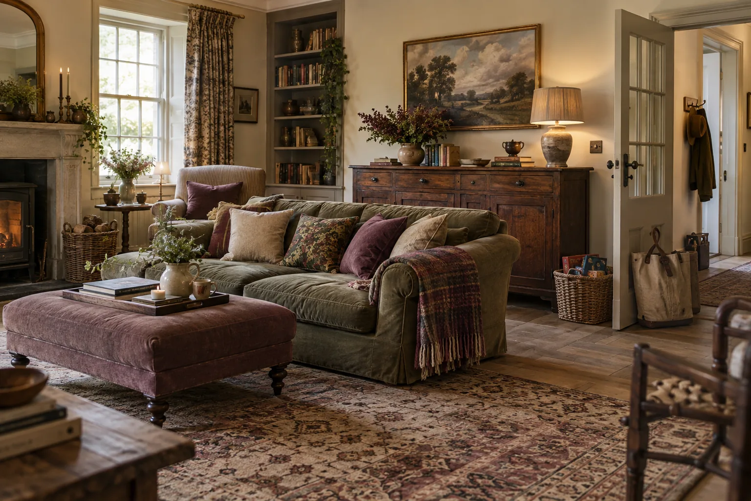 Realistic family sitting room with sturdy vintage sideboard, soft low sofa, woven basket holding board-game pieces and a canvas bag near door; delicate pottery safely higher, friendly lived-in order