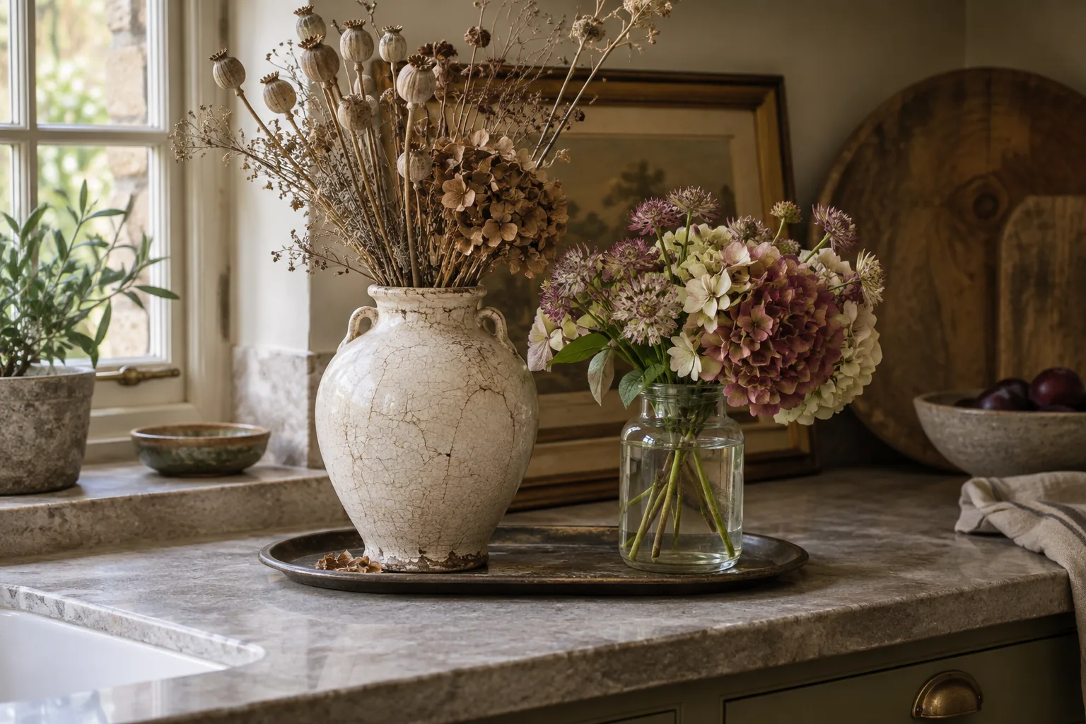 Dried stems in an old ceramic vase beside fresh flowers in a separate glass jar.