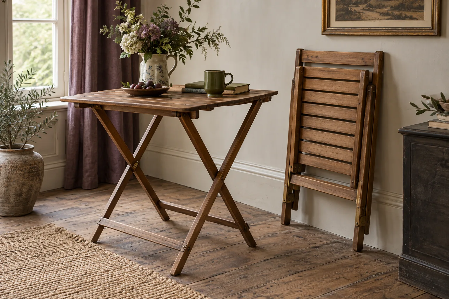 An open wooden folding table beside a folded chair.