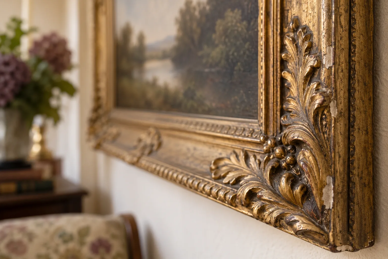 A gilt picture frame corner showing raised ornament and small finish losses.