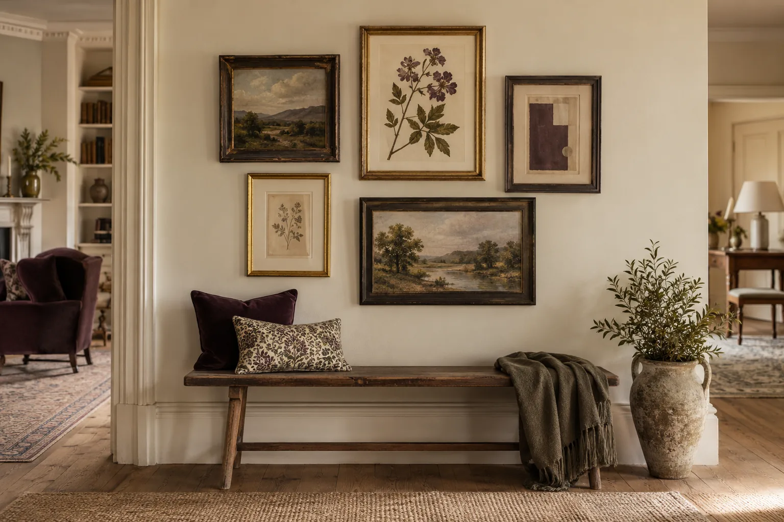 Five framed artworks of varied sizes in mismatched dark wood and gold frames grouped loosely on a cream wall above a simple bench: landscape, botanical, abstract shapes, natural asymmetry