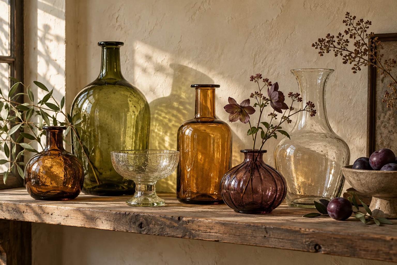 Illustrative group of coloured and clear glass vessels on a shelf