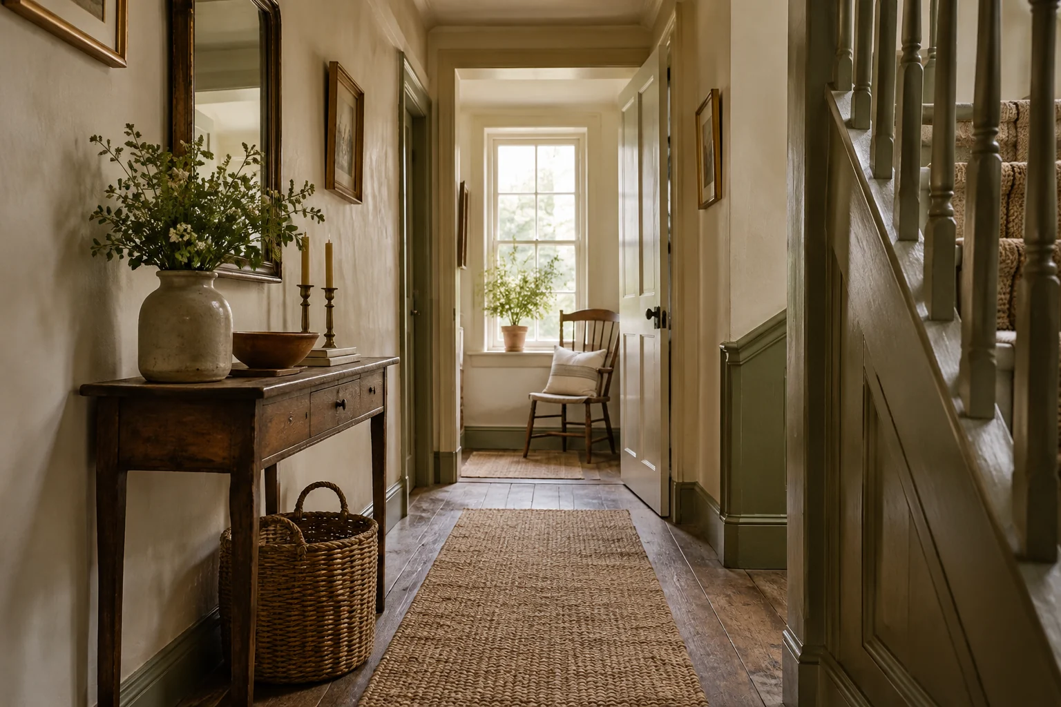 Illustrative narrow hallway with a slim console, mirror and basket