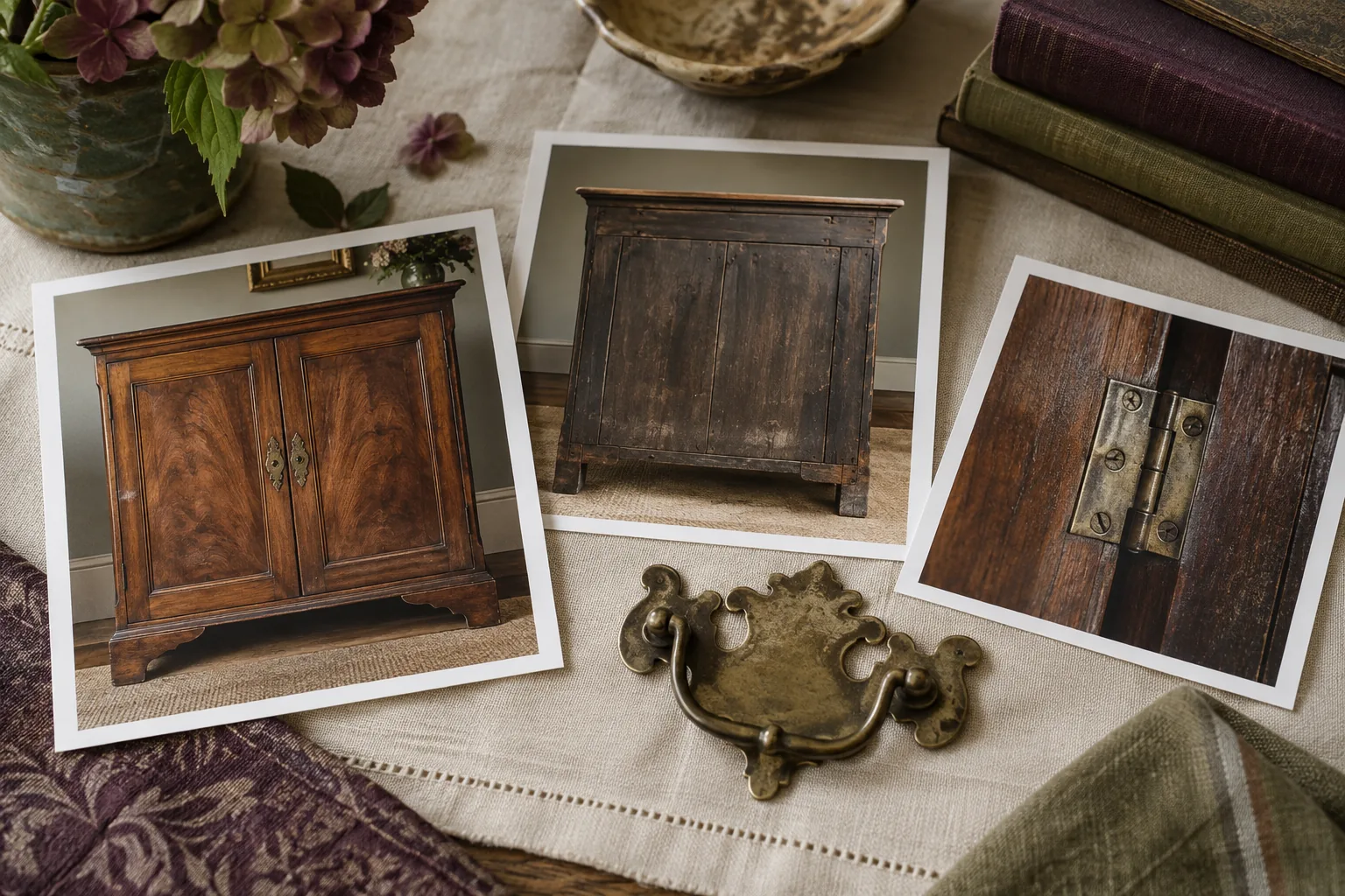 Top-down evidence-focused still life: plain photographic prints showing a walnut cabinet front, back and a hinge close-up arranged beside the actual loose antique brass handle; no text or laptop needed
