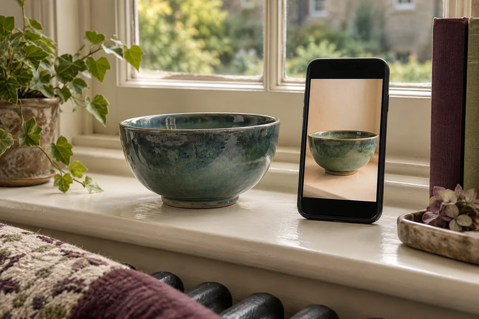 Glazed blue-green ceramic bowl on a cream windowsill beside a phone whose screen shows same bowl with subtly warmer colour; restrained visual mismatch, no readable UI, daylight versus screen colour