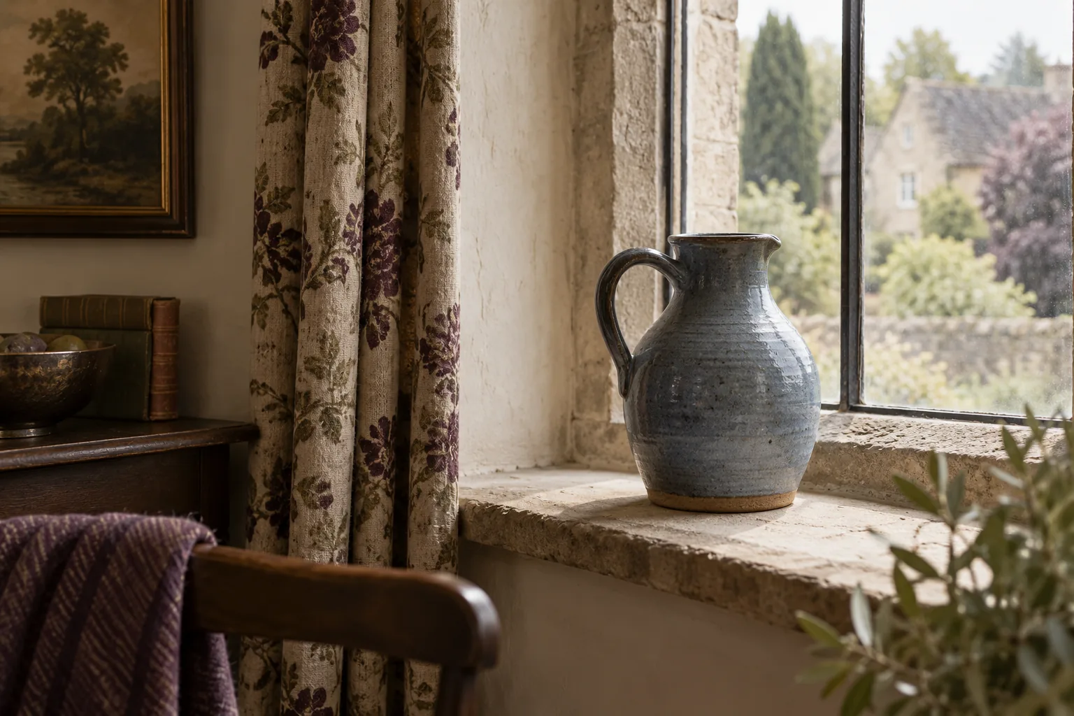 An empty blue-grey stoneware jug on a window ledge.