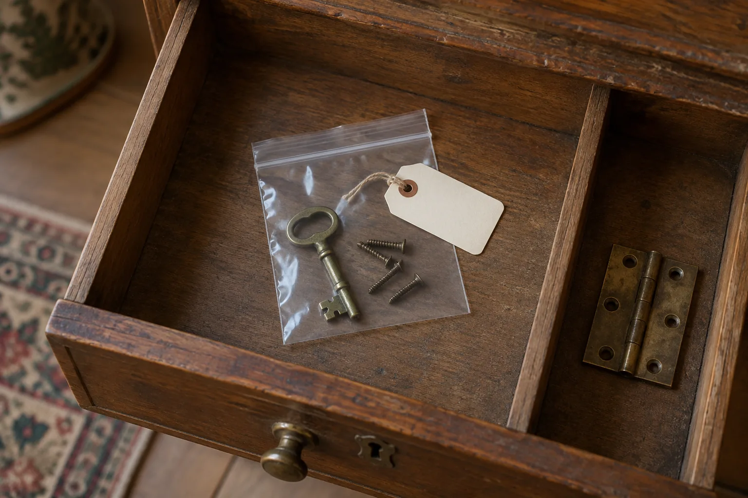 Cabinet key and spare screws stored in a tagged bag inside a wooden drawer.