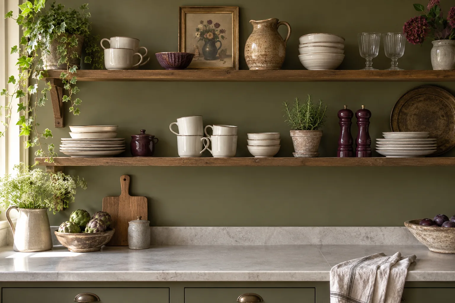Open kitchen shelves with stacked plates, cups and ceramic vessels.