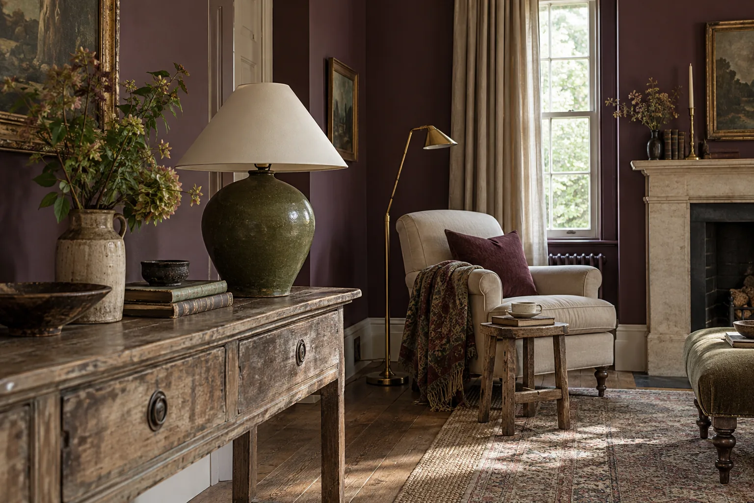 Rounded ceramic and slender brass lamps in a collected room.