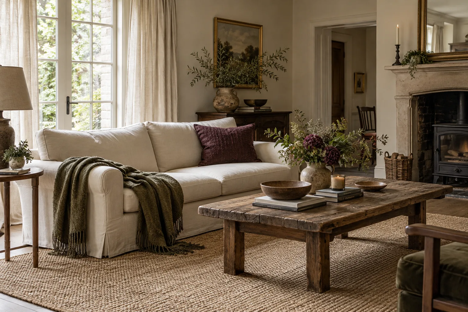 A comfortable cream sofa with just one textured plum cushion and a loosely folded olive wool throw, jute rug and linen curtain add varied surfaces without cushion piles, wide restful framing