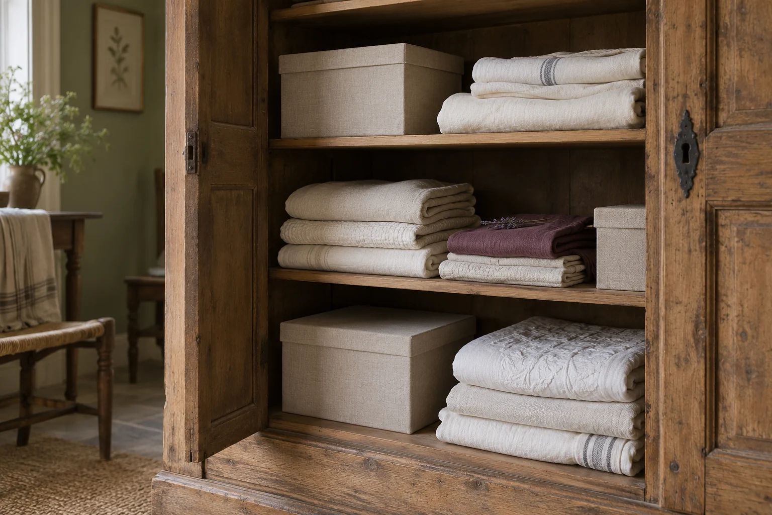 Illustrative linen cupboard with folded textiles and storage boxes
