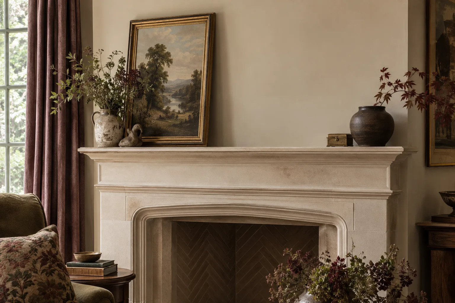 An asymmetrical mantel arrangement with a tall painting and smaller decorative objects.