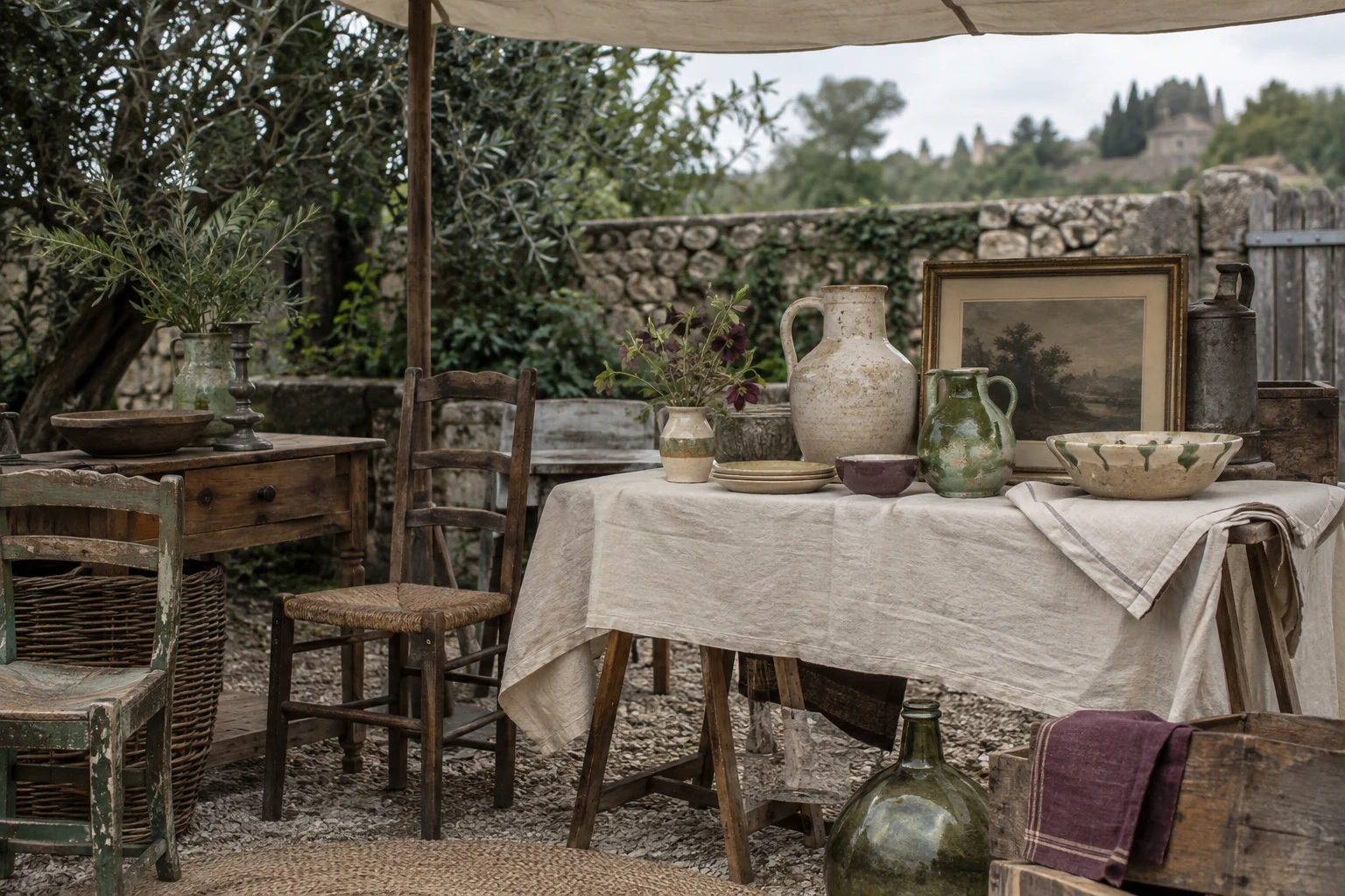 Illustrative outdoor vintage stall with furniture and decorative objects