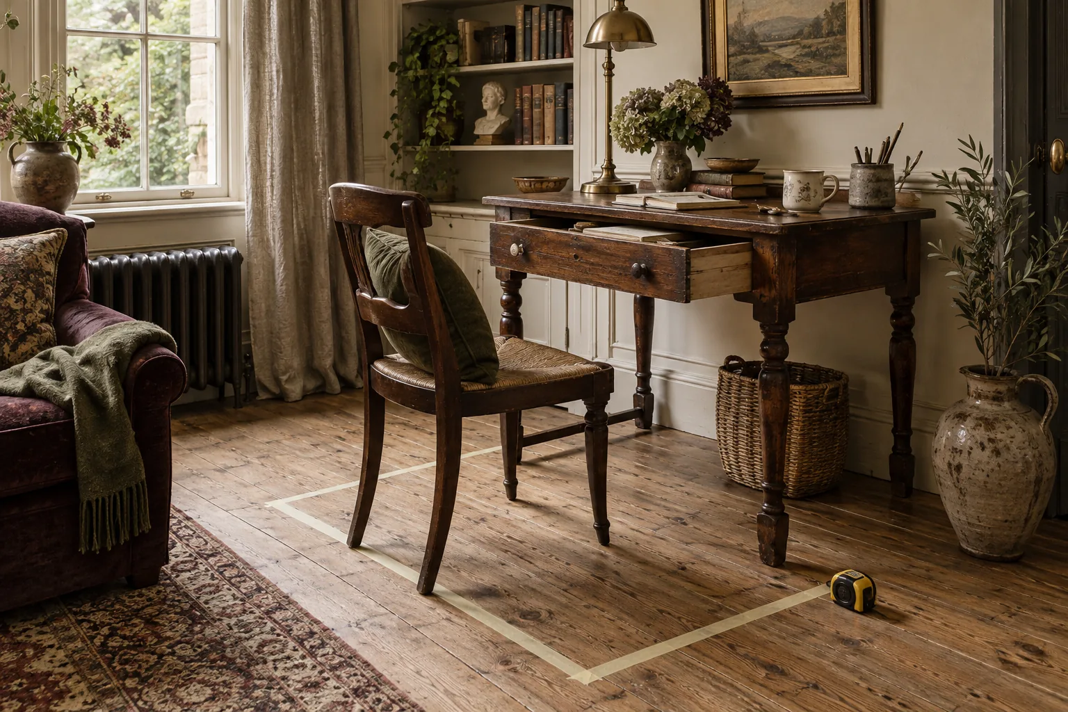 Vintage desk with an open drawer and floor markings for working clearance.