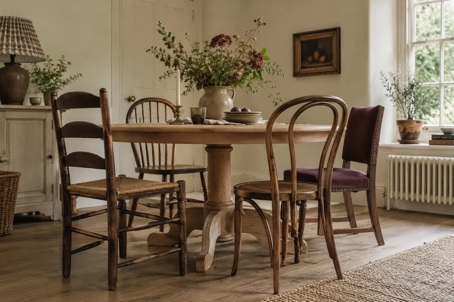 Four different wooden dining chairs arranged around a round oak table.