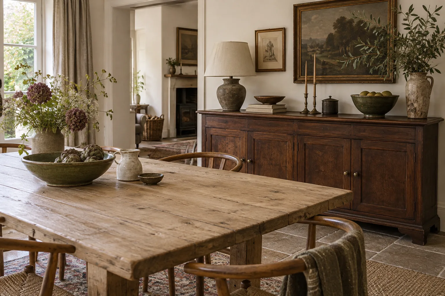 Pale oak table and dark walnut sideboard sharing a light room.