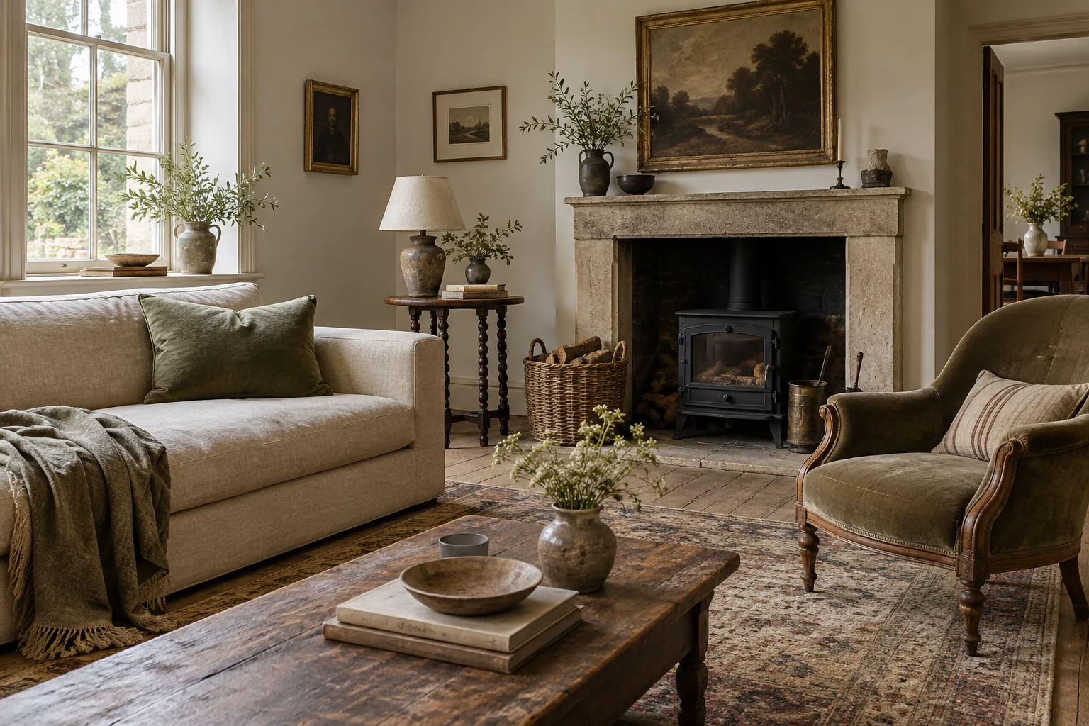Modern oatmeal sofa paired with older wooden furniture.