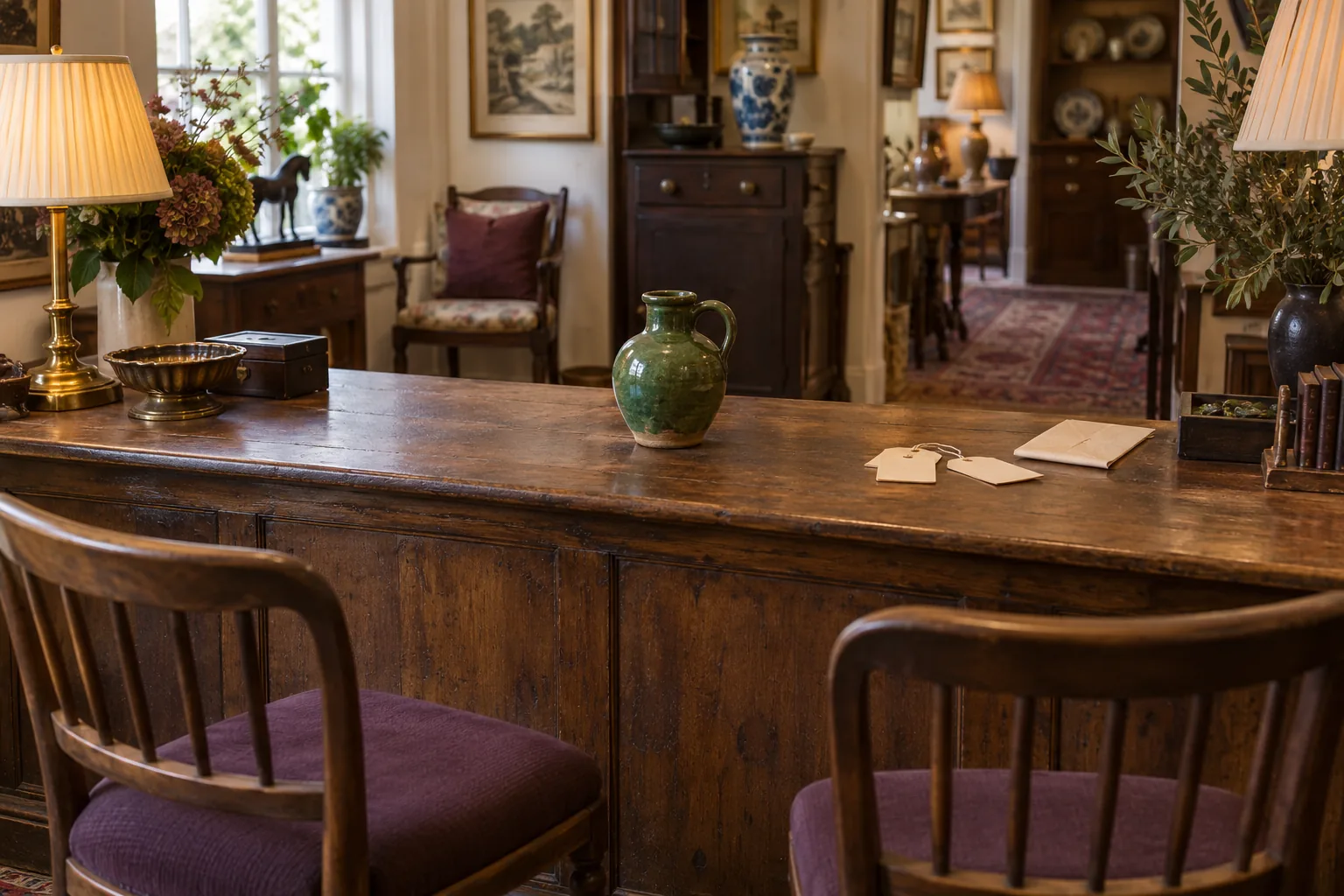 A calm antiques shop counter with a small green ceramic jug centrally placed, a few plain cream price tags face-down and folded paper receipt with no visible writing, empty chairs facing across counter, no people