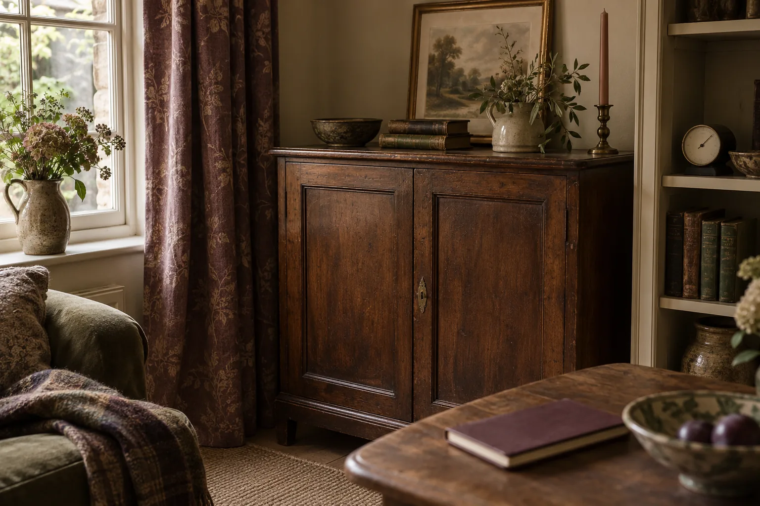 A timber cabinet near a window with a small room gauge on an adjacent shelf.