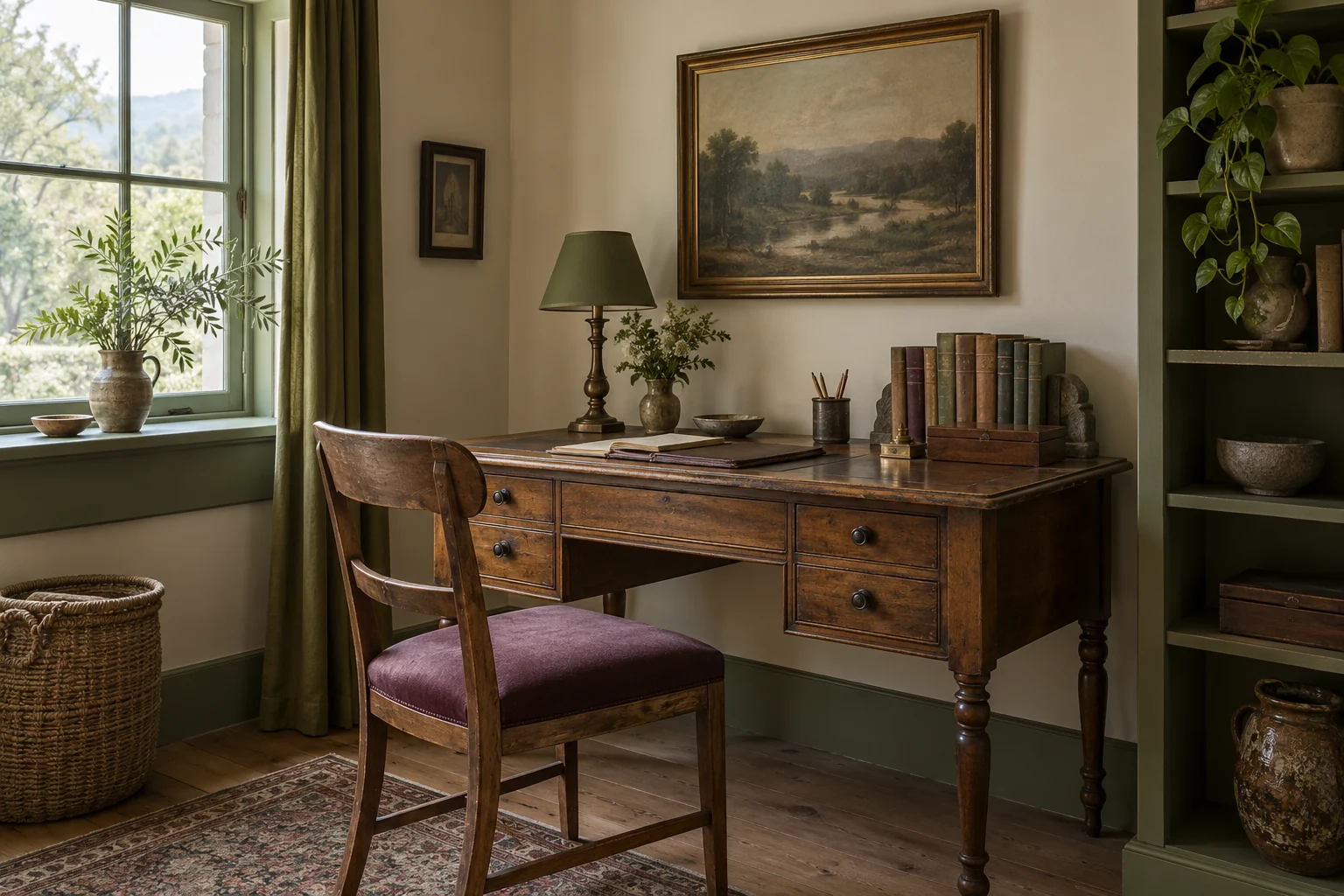 Illustrative home office combining an older desk, books and framed art