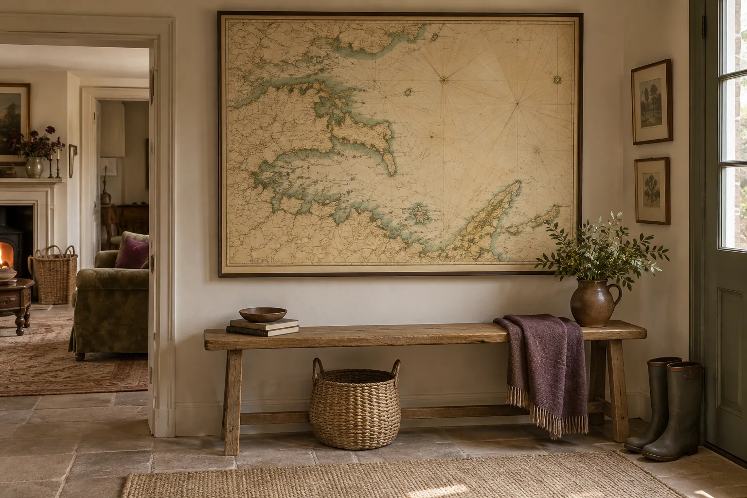 A large framed coastal map above a narrow wooden bench.