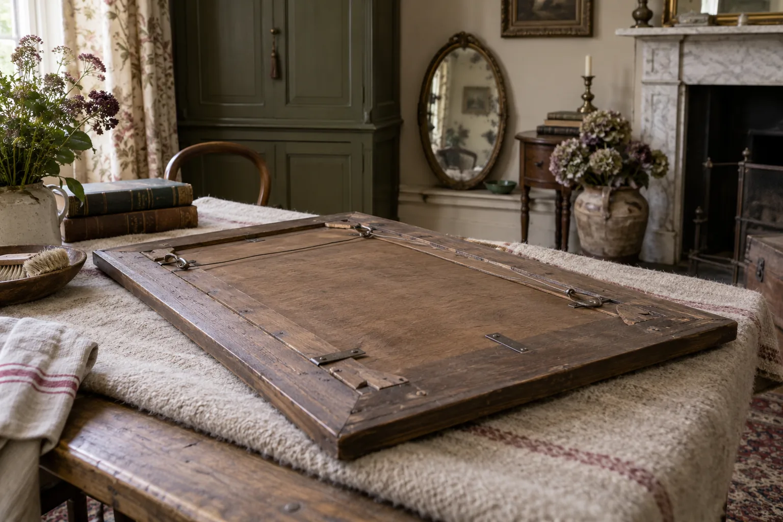 Timber backing and fixings of an old framed mirror on a padded table.