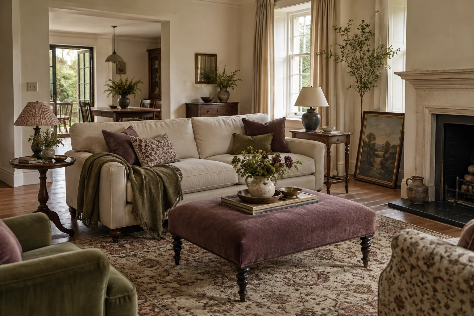 A sitting room arranged around a sofa, older side tables and a low upholstered table.