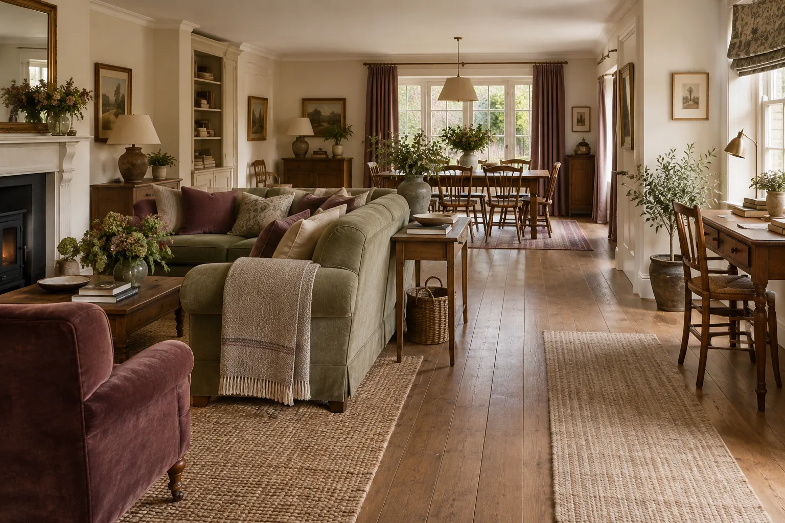 An open-plan room with seating, dining and desk areas connected by a clear walkway.